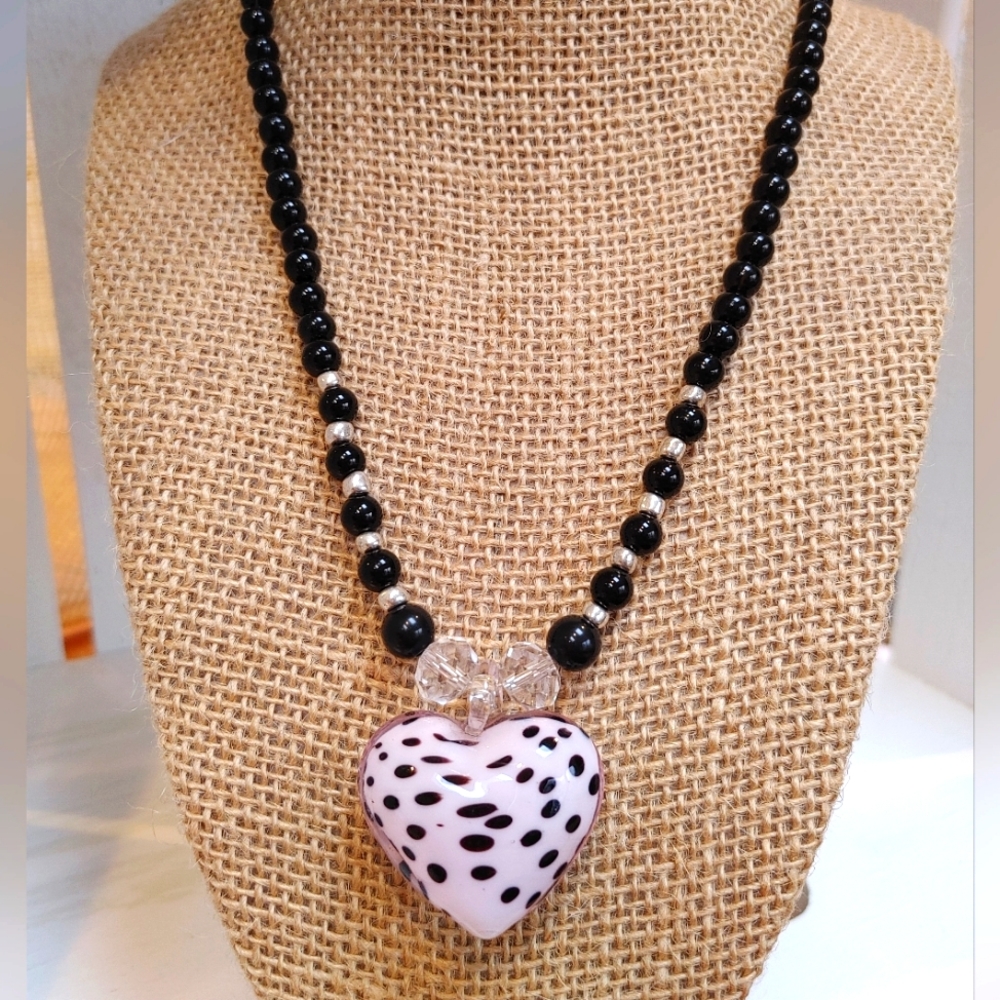 Puffed Glass Heart Necklace Black White